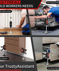 Front and side views of Labor Saving Arm Jack 2-Pack, stainless steel furniture lifts; dual-speed descent.