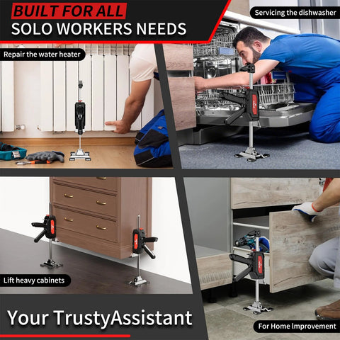 Front and side views of Labor Saving Arm Jack 2-Pack, stainless steel furniture lifts; dual-speed descent.