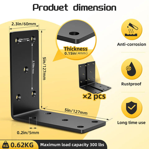 Heavy Duty L Angle Bracket Set 4-Piece 5x5 Wood Post To Beam Corner Braces 1/4 Inch Thick shown with dimensions and features