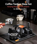 The Real Deal 5 Piece Espresso Tamping Station Kit With Spring Loaded Tamper Weighted Coffee Distributor WDT Needle Tool And Cleaning Brush Pro Barista Storage Base Universal Fit on display with portafilter and accessories