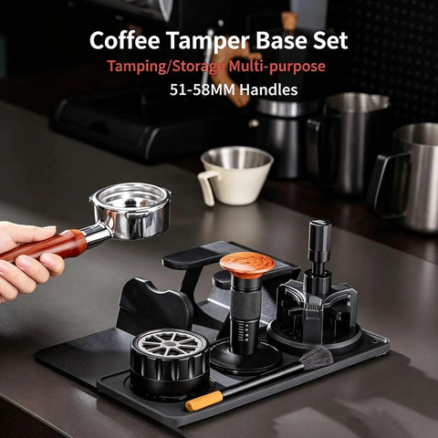 The Real Deal 5 Piece Espresso Tamping Station Kit With Spring Loaded Tamper Weighted Coffee Distributor WDT Needle Tool And Cleaning Brush Pro Barista Storage Base Universal Fit on display with portafilter and accessories