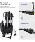 Submersible Sewage Pump With Auto Float Switch Three Quarter HP 6400 GPH 29 Ft Lift 2 Inch NPT Discharge Beefed Up Residential Sump Basin Pump Oil Filled Motor Black with power plugs for auto and manual mode