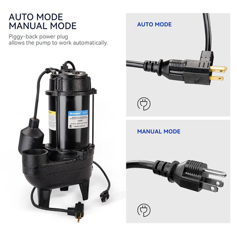 Submersible Sewage Pump With Auto Float Switch Three Quarter HP 6400 GPH 29 Ft Lift 2 Inch NPT Discharge Beefed Up Residential Sump Basin Pump Oil Filled Motor Black with power plugs for auto and manual mode