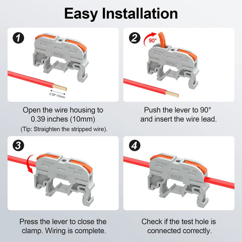 Step-by-step wiring guide using Beefy Terminal Block Kit With 12.6 Inch DIN Rail, 600V 32A Lever Wire Connectors For 24-12 AWG.