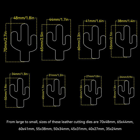 Diagram showing sizes of Eight Piece Cactus Shaped Leather Cutter Die Set For DIY Leather Craft Punch Die Tool Kit With Durable High Carbon Steel Punches