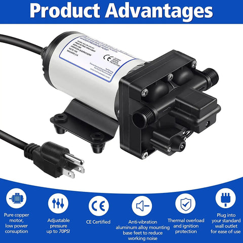 Two Pack 110V Water Pressure Booster Pump With Beefy 5.5 GPM At 70 PSI, showcasing power plug and brass fittings for home use