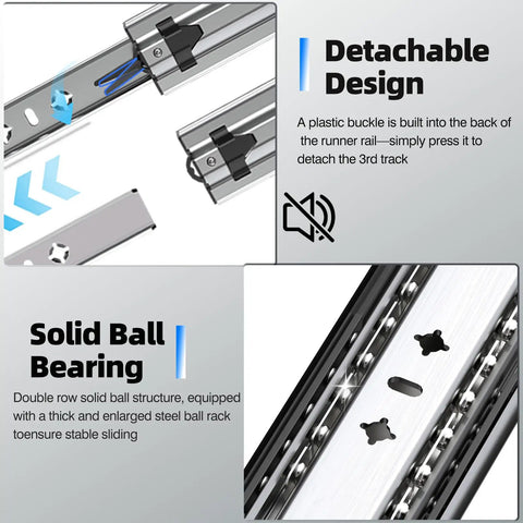 Close-up of heavy duty soft close drawer slides with solid ball bearing and detachable design details.