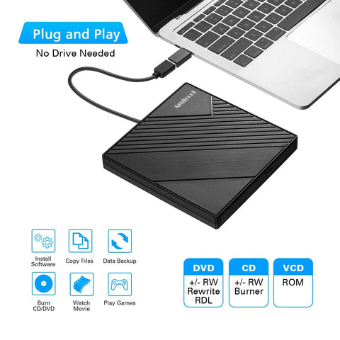 External DVD Drive USB 3.0 And USB C Slim Portable CD DVD RW Burner For Laptop And Desktop PCs Windows Mac Linux Plug And Play, black slim case connected to laptop