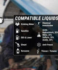 Image showing compatible liquids for Heavy Duty Manual Siphon Hand Pump For Water And Fuel Transfer including chemicals.