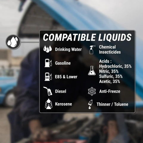 Image showing compatible liquids for Heavy Duty Manual Siphon Hand Pump For Water And Fuel Transfer including chemicals.