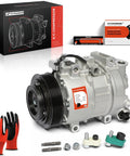 Heavy Duty AC Compressor With Clutch For Ram 1500 And 1500 Classic 2014 To 2023 shown with installation kit and gloves.