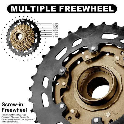 Screw On MF TZ500 7 Speed Freewheel 14 34 Tooth for Tourney Drivetrain, high tensile steel, multiple sprockets, close view.