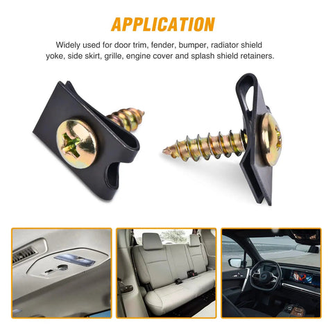 170 Piece Car U Clip And Screw Kit With 9 Sizes For Universal Auto Interior Dash Door Panel Replacement Parts U Nuts Fasteners And Clips For Repair DIY Projects showing screws and clips with application examples.