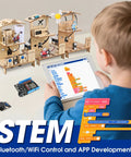 Awesome 3 In 1 Smart Home STEM Kit For Kids 8 To 12 With ESP32 Controller Wooden 3D Puzzles And DIY Building Crafts Educational Coding Toys Gift For Christmas And Birthday Boys And Girls, child coding on tablet