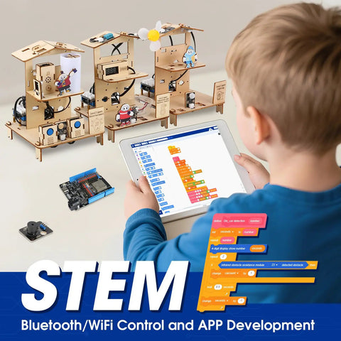 Awesome 3 In 1 Smart Home STEM Kit For Kids 8 To 12 With ESP32 Controller Wooden 3D Puzzles And DIY Building Crafts Educational Coding Toys Gift For Christmas And Birthday Boys And Girls, child coding on tablet