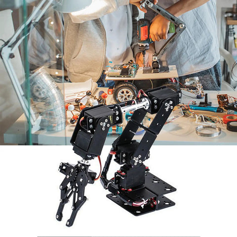 Fabater 6DOF Mechanical Arm Robot Manipulator With 6 Servo Motors, black robotic arm in a STEM lab with tools.