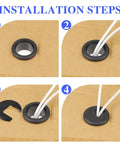 One Inch Desk Grommet Caps installation steps showing cord placement in matte black wire hole cover.