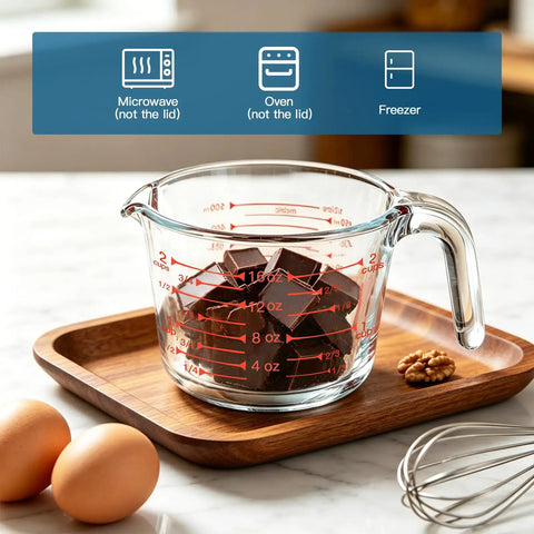 Must Have Glass Measuring Cups Set With Lids, 4 Piece Borosilicate Kitchen Measuring Cups In 5 Oz, 1 Cup, 2 Cup, And 4 Cup Sizes holding chocolate