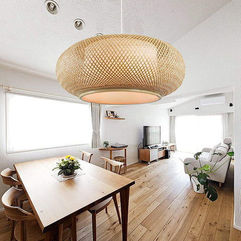 Vintage Bamboo Woven Pendant Chandelier With Birdcage Shade And Wicker Light Fixture 1 Light Farmhouse Beige 19.69 Inch Ceiling Lamp in dining room