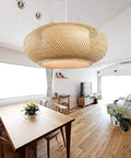 Vintage Bamboo Woven Pendant Light With Birdcage Shade in dining room, cozy rustic farmhouse chandelier, beige wicker fixture