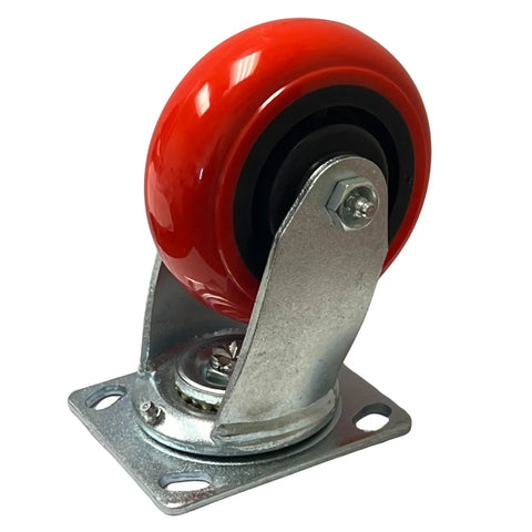 Heavy Duty 5 Inch Polyurethane Caster Set Swivel And Fixed Plate Wheels, red wheel, metal plate for easy maneuvering in workshops.