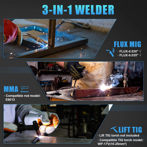 135 Amp Flux Core MIG Welder With Auto Darkening Helmet, 110V Three In One Welder Machine for Gasless MIG, Lift TIG, and Stick Welding