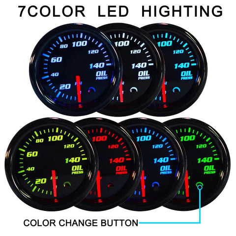 Oil pressure gauge set, seven 2 1/16 in gauges with 7-color LED display, smoked lens, white housing