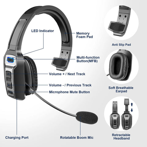 Trucker Bluetooth Headset V5.2 Wireless With AI Noise Canceling Microphone, On Ear Bluetooth Headphones For Drivers Office And Call Centers, Two Device Pairing, Mute Button, Comfortable Fit, Black