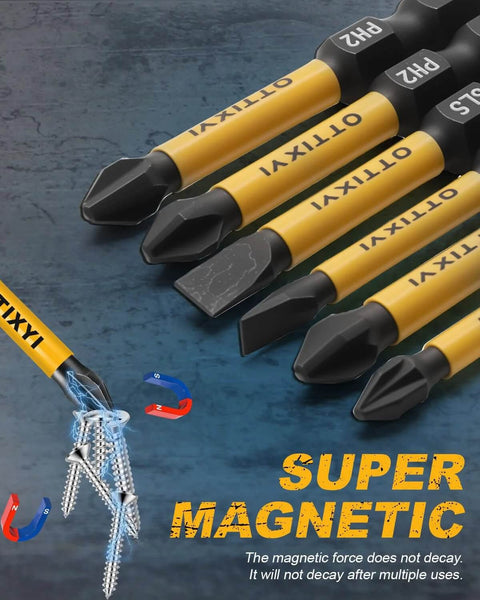 DTTIYXI 10-piece magnetic screwdriver bit set with yellow handles; Phillips, slotted and Pozidriv bits on 1/4 in hex