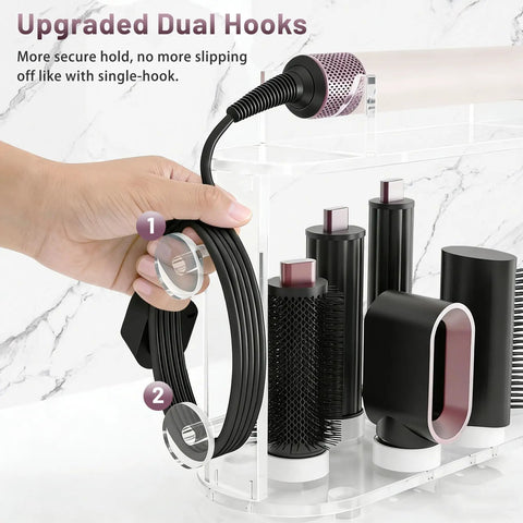 Clear Acrylic 6 Slot Storage Stand For Dyson Airwrap Accessories with diffuser and barrel attachments on a countertop organizer.