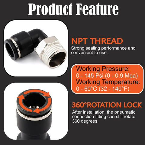 Kickstart Your Auto Repair Game With This Massive 170Pc Push To Connect Air Fittings Kit Featuring Five Essential OD Sizes And Twelve Connector Types Plus Teflon Tape And Cutter For Quick Brake Fixes And Factory Jobs NPT thread fitting with 360° rotation lock