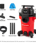 Compact 4 Gallon Wet Dry Shop Vac With 3.5 Peak Hp Motor and accessories including filters, hose, and nozzles for effective cleanup.