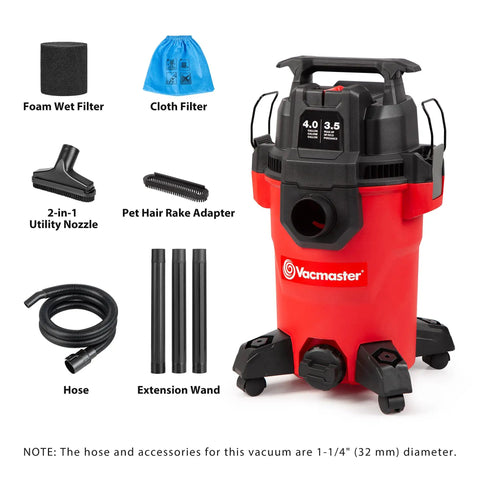 Compact 4 Gallon Wet Dry Shop Vac With 3.5 Peak Hp Motor and accessories including filters, hose, and nozzles for effective cleanup.