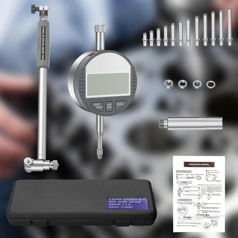 Digital Dial Indicator Bore Gauge 2 To 6 Inch Range With 0.01 mm 0.0003 Inch Precision, tools displayed with carrying case.