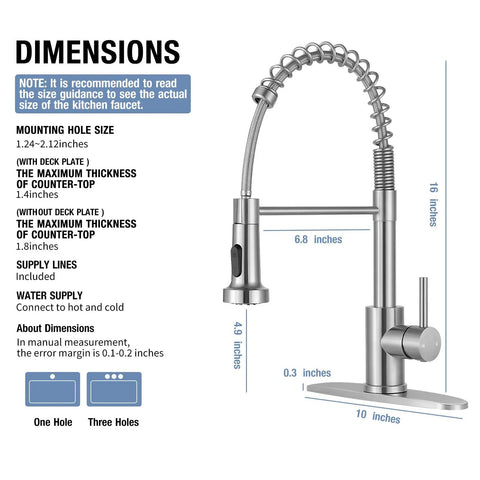 Dimensions and features of Brushed Nickel Kitchen Faucet With Pull Down Sprayer, High Arc Single Handle, 1 Or 3 Holes Install