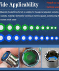 Magnetic Socket Insert Adapter Set 21 Piece With Hex Profile, green and blue colored inserts for SAE and metric sizes