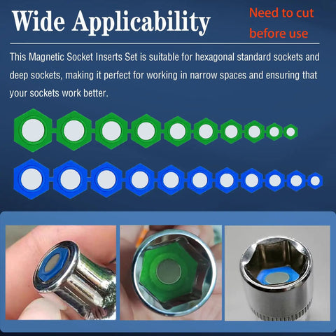 Magnetic Socket Insert Adapter Set 21 Piece With Hex Profile, green and blue colored inserts for SAE and metric sizes