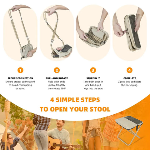 Infographic showing steps to fold the Ultra Portable 11.5 Inch Collapsible Camping Stool With Two Side Pockets.