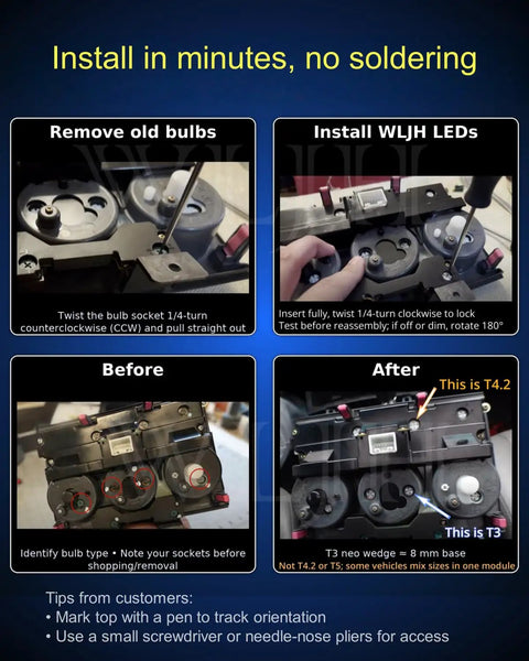Installation guide for 10 Pack Ultra Bright Ice Blue T3 Neo Wedge LED Bulbs with 8mm base for car dash lights.