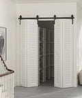 Heavy Duty 80 Inch Bi Folding Sliding Barn Door Hardware Track Kit With Silky Smooth Black Rollers for quick room division in modern home.