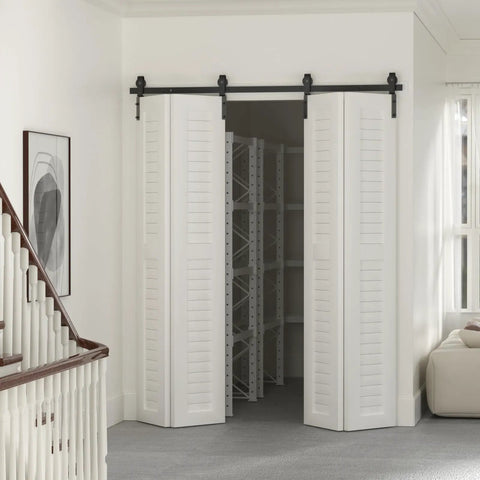 Heavy Duty 80 Inch Bi Folding Sliding Barn Door Hardware Track Kit With Silky Smooth Black Rollers for quick room division in modern home.