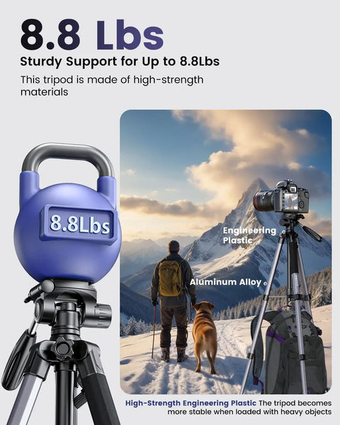 Heavy Duty Aluminum Camera Tripod Stand For DSLR, Mirrorless, Smartphone And GoPro Adjustable 20 To 74 Inch Height, 8.8 Lb Load
