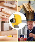 Solid Workhorse 1/4 Inch Shank Rabbet Router Bit Kit With Six Swappable Bearings And Razor Sharp Carbide Edge in woodworking setup.