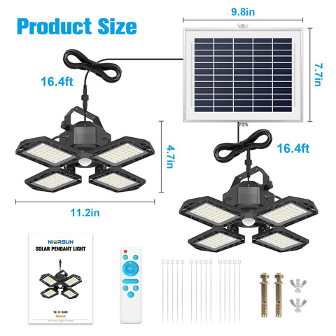 Four Head Solar Pendant Lights With Motion Sensor, Three Color Modes, Waterproof Security Lamp, solar panel, remote, wires, fixtures