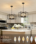 Six Light Black Farmhouse Chandelier Featuring Smooth Geometric Frames Slick Industrial Ceiling Fixture Solid Metal Edison Socket in kitchen.