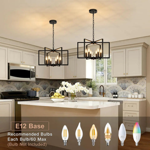 Six Light Black Farmhouse Chandelier Featuring Smooth Geometric Frames Slick Industrial Ceiling Fixture Solid Metal Edison Socket in kitchen.