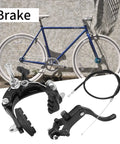 Road Bike Brake Caliper Kit With Aluminum Alloy Construction And C Shape Brake Lever, Housing And Cable, shown near blue bike