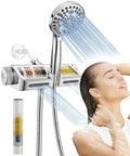Filtered Shower Head With Handheld Combo Two In One Spa System High Pressure Massage Shower And Ten Mode Hand Held Spray Built In Power Wash Mode Chrome Finish Ideal For Deep Cleaning And Spa Like Relaxation At Home, showing water cascading from chrome shower heads and model enjoying the spray