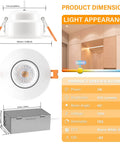Image showing dimensions and specifications of Recessed 3 Inch Gimbal LED Downlight Kit With Junction Box, 360 Degree Adjustable.