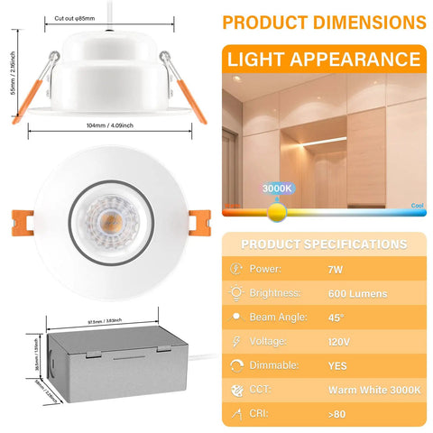 Image showing dimensions and specifications of Recessed 3 Inch Gimbal LED Downlight Kit With Junction Box, 360 Degree Adjustable.